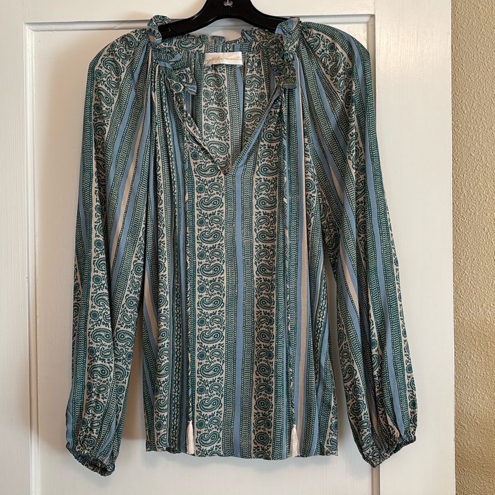 Natalie Martin Blue Paisley Peasant Top with tassels